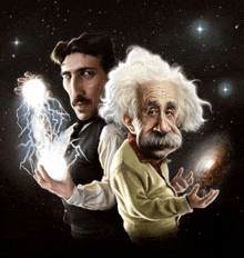 a cartoon of einstein and nikola tesla holding lightning in their hands