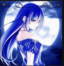 a girl with long blue hair is standing in front of a full moon in a blue dress .