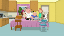 a cartoon of a family sitting around a table with a laptop