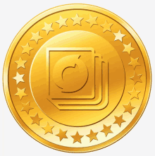 a gold coin with a stack of books in the center and stars around it