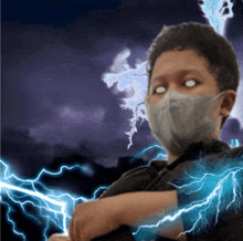 a boy wearing a mask with glowing eyes and lightning in the background