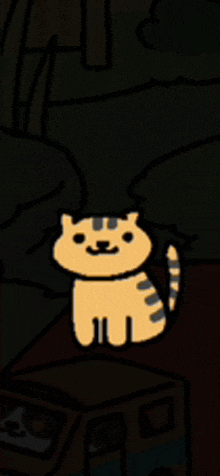 a yellow cat with black stripes is sitting on a table