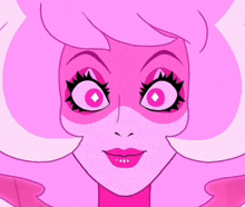 a close up of a pink cartoon character 's face with big pink eyes and pink hair .