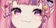 a close up of a pink anime girl 's face with purple eyes and ears .