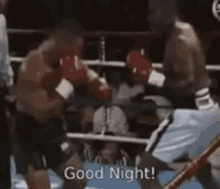 two men are boxing in a ring and the words `` good night '' are written on the bottom of the screen .