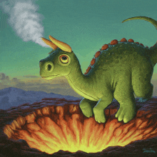 a painting of a green dinosaur with horns coming out of a volcano