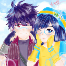 a boy and a girl are posing for a picture and the girl is wearing glasses and gloves