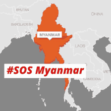 a map showing the location of myanmar with the hashtag #sos myanmar