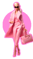 a barbie doll is wearing a pink suit and sunglasses