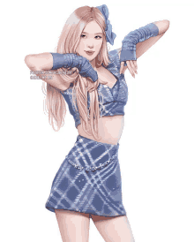 a drawing of a woman in a blue plaid skirt and crop top