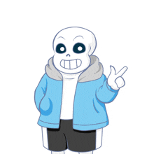 a cartoon drawing of a skeleton wearing a blue jacket and black shorts