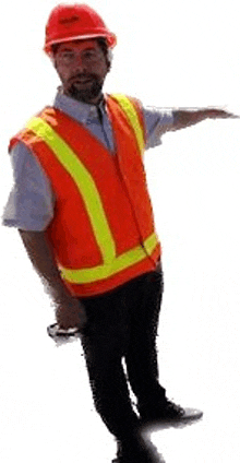 a man wearing a hard hat , safety vest and glasses is standing in front of a white background .