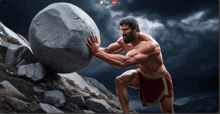 a man with a beard pushing a large rock up a hill