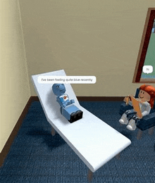 a robot is sitting on a couch in a room with a woman sitting in a chair .