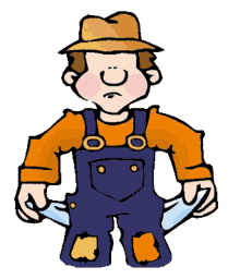 a cartoon of a man with overalls and a hat holding his empty pockets