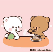 a cartoon of two bears sitting at a table eating spaghetti with the words milkmochabear at the bottom