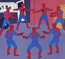 a group of spidermans are pointing at each other in front of a nypd van