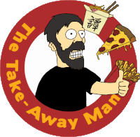 a logo for the take-away man shows a man with a beard holding a bag of french fries