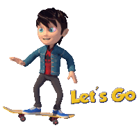 a cartoon character is riding a skateboard with the words let 's go behind him