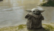 a baby yoda is standing on a rock next to a river .