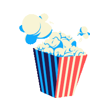 a red white and blue striped bucket of popcorn with popcorn coming out of it