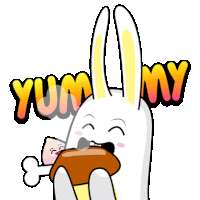 a cartoon of a rabbit eating a chicken leg with the words yum my behind it