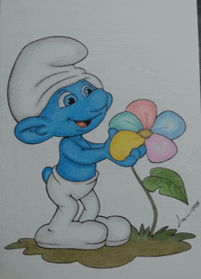 a drawing of a smurf holding a flower with the year 2010 on the bottom right