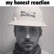 a man wearing a hard hat with big dog drilling written on it