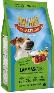 a bag of hau hau champion lamb rice for all dogs