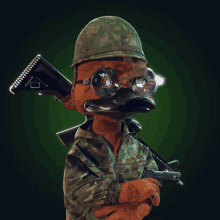 a cartoon duck wearing a helmet and glasses holds a gun