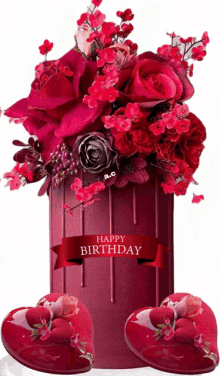 a birthday card with a vase of red roses and two red hearts