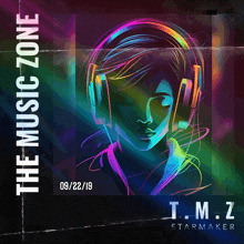 a poster for the music zone with a woman wearing headphones