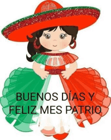 a cartoon of a girl wearing a sombrero and a dress with the words buenos dias y feliz mes patrio .