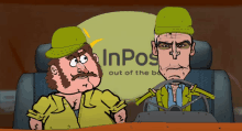 a cartoon of two men sitting in front of a sign that says inpos out of the box