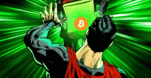 a man in a red cape is holding a green box with a bitcoin symbol on it