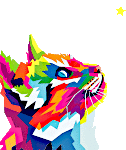 a colorful painting of a cat looking up at a star