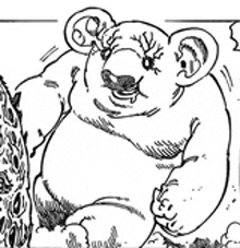 a black and white drawing of a koala bear sitting next to a piece of pizza .