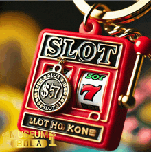 a keychain that looks like a slot machine with a coin that says $ 57