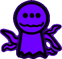 a purple ghost with three black circles on its face and wings .