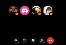 a group of people are on a video call with a pink discord logo in the middle