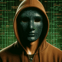 a man in a hoodie with a mask on his face is surrounded by computer code