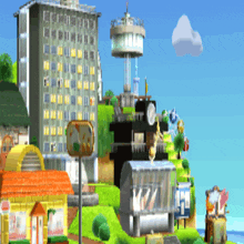 a cartoon drawing of a city with buildings and a sign that says ' nintendo ' on it