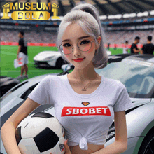 a woman holding a soccer ball with a shirt that says sbobet