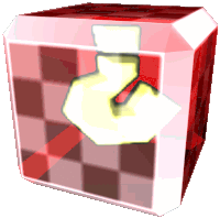 a red and white cube with a yellow hand inside of it