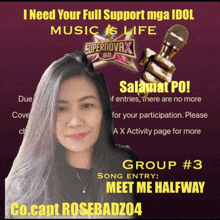 a woman is on a poster that says " i need your full support mga idol "