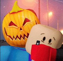 a pumpkin with a face carved into it is next to a cartoon character