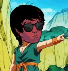 a cartoon of a boy wearing sunglasses pointing