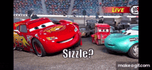 a group of cars from the movie cars are standing next to each other on a track .