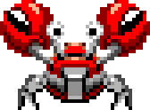 a pixel art of a crab with red eyes and black eyes