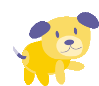 a yellow dog with purple ears is walking